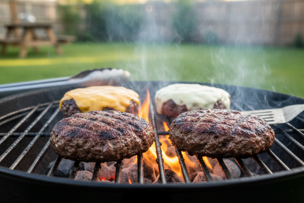 4 burgers cooking on a bbq