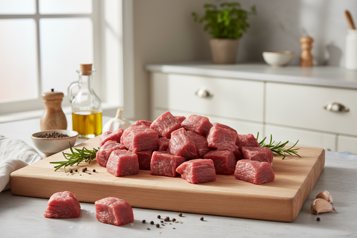 500 g of diced venison cubes on a domestic kitchen counter, lifestyle vibes