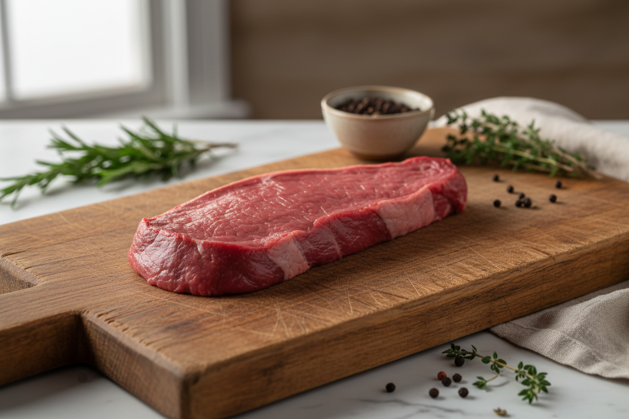 A haunch steak 300 grams, on a lifestyle chopping board. No fat or sinew