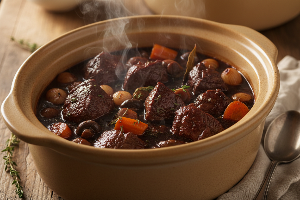 diced venison bourguignon in a crock pot