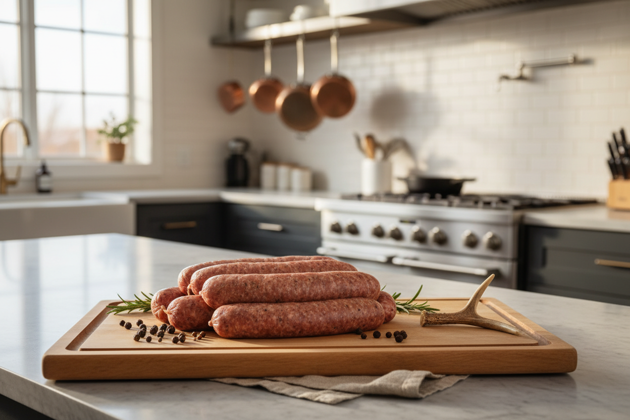 lifestyle kitchen 6, 5 inch sausages stacked next to each other with a small antler next to them